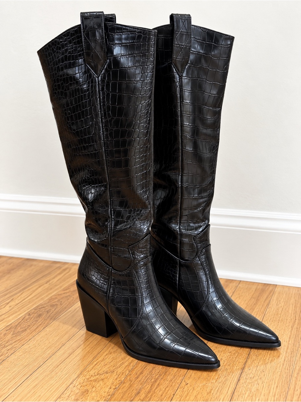 Princess Polly Riley Knee High Boots Black Croc NWOT
